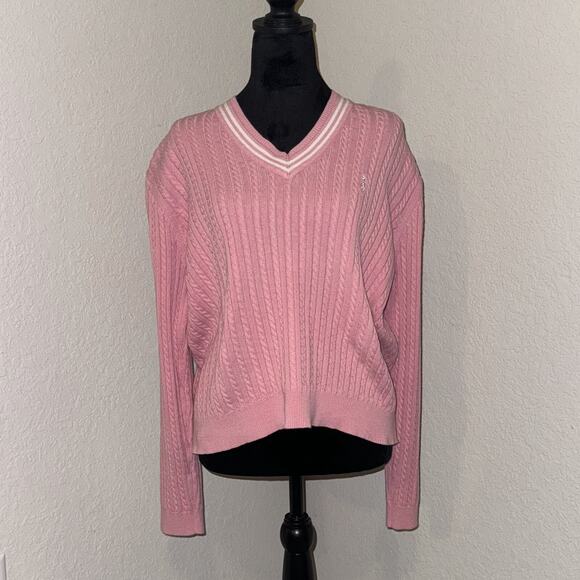 Izod Sweater Women's Large Pink Cable Knitted Long Sleeve V-Neck Preppy Pullover - Picture 1 of 11